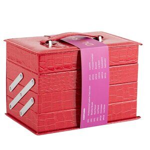 Professional Leather Train Case with Mirror Makeup Kit Red